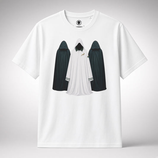 White organic cotton rugby t-shirt featuring three hooded figures graphic in green and gold retro colours