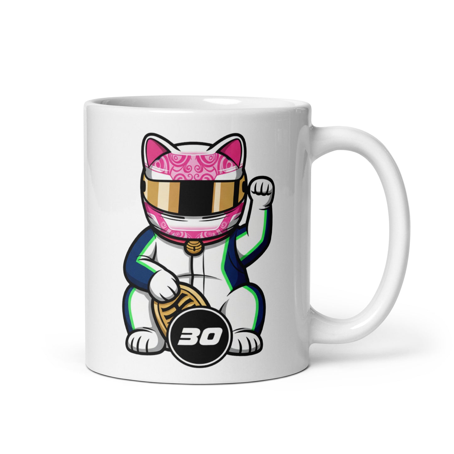 Motorsport-inspired lucky cat mug with bold helmet styling and #30 coin detail perfect for race mornings, sleepovers, and desk flex energy.