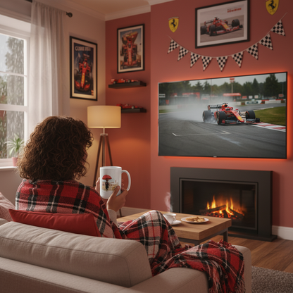 Experience pure comfort as a female F1 fan sips from her Roscoe and Lewis mug, wrapped in a blanket and ready for the big race. The ultimate cosy scene for Lewis Hamilton and Ferrari lovers!