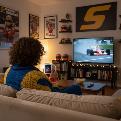 A female fan wrapped in a blanket, sipping from her Ayrton tribute mug while watching classic Senna races. Cosy inspiration for F1 lovers.