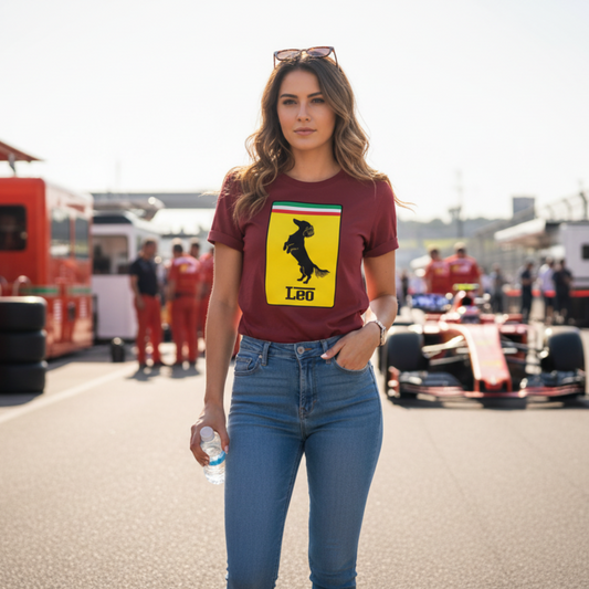 Female race fan in fitted jeans wearing the burgundy Leo Stallion Dog T-Shirt, with a bold yellow badge and black dachshund silhouette, ideal for motorsport and dog lovers.
