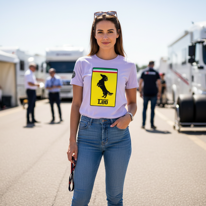 Female race fan in fitted jeans wearing the lavender Leo Stallion Dog T-Shirt, with a bold yellow badge and black dachshund silhouette, ideal for motorsport and dog lovers.
