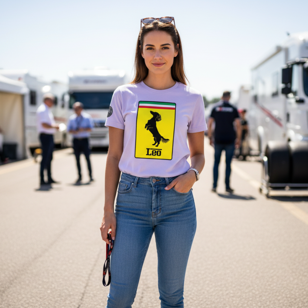 Female grand prix fan in fitted jeans wearing the lavender Prancing Leo T-Shirt, with a bold yellow badge and black dachshund silhouette, ideal for motorsport and dog lovers.
