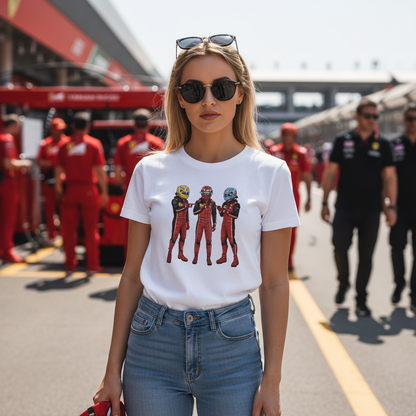 Female motorsport supporter in a grand prix paddock wearing the Ferrari Spider-Man Meme T-Shirt, with the trio of red race drivers pointing at each other, ideal for fans who love Italian team memes and race-day humour.