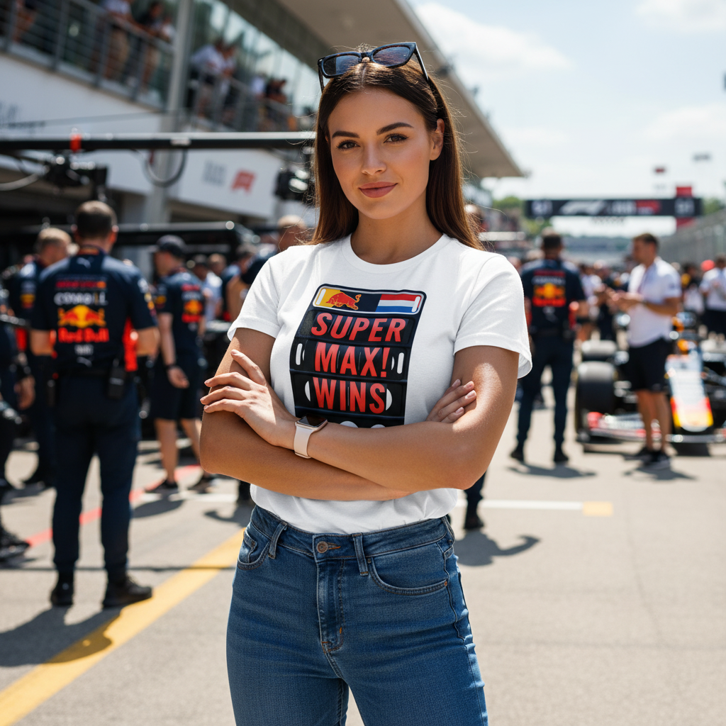 Confident female grand prix fan in jeans rocking the SUPER MAX WINS pit board t-shirt, showing the huge pit board graphic for hardcore Max Verstappen race win supporters.
