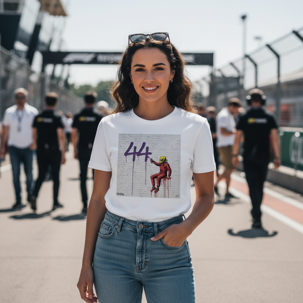 Female motorsport supporter in fitted jeans and The Magic Number Lewis Hamilton T-Shirt, clearly showing the driver painting the number 44 graffiti design in a grand prix paddock.