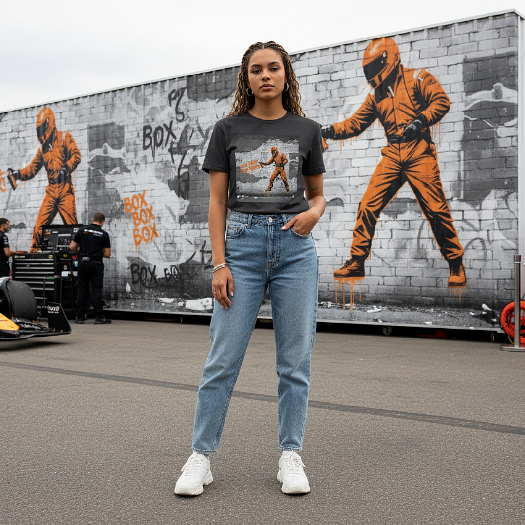 Female model wearing the anthracite organic cotton BOX BOX graffiti street art F1 t-shirt with pit crew design, styled in a motorsport paddock environment featuring a clever repeat of the graffiti image on the wall behind.