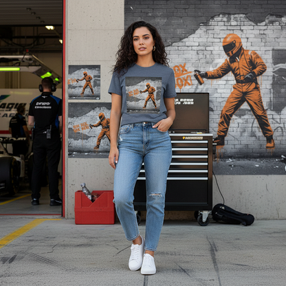 Female model wearing the dark heather blue organic cotton BOX BOX graffiti street art F1 t-shirt with pit crew design, styled in a motorsport paddock environment featuring a clever repeat of the graffiti image on the wall behind.
