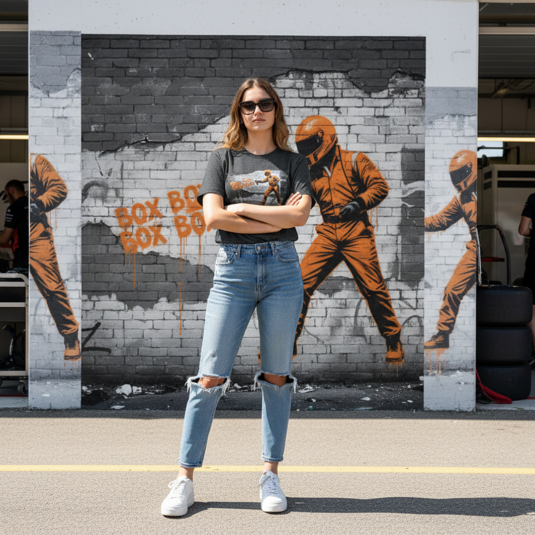 Female model wearing the dark heather grey organic cotton BOX BOX graffiti street art F1 t-shirt with pit crew design, styled in a motorsport paddock environment featuring a clever repeat of the graffiti image on the wall behind.
