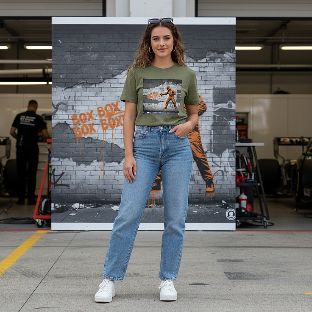 Female model wearing the khaki organic cotton BOX BOX graffiti street art F1 t-shirt with pit crew design, styled in a motorsport paddock environment featuring a clever repeat of the graffiti image on the wall behind.