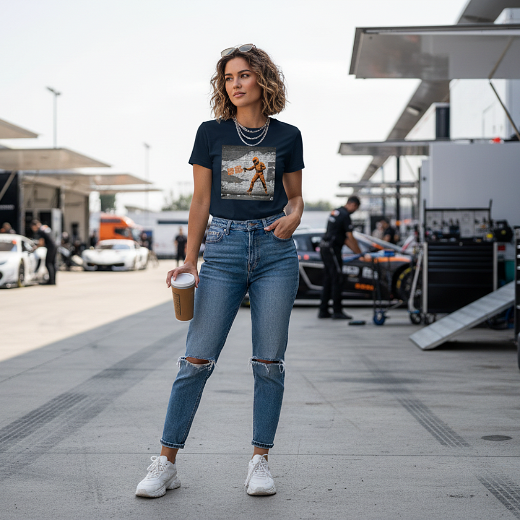 Female model wearing the navy organic cotton BOX BOX graffiti street art F1 t-shirt with pit crew design, styled in a motorsport paddock environment without any McLaren logos or branding, tee clean and clearly readable.