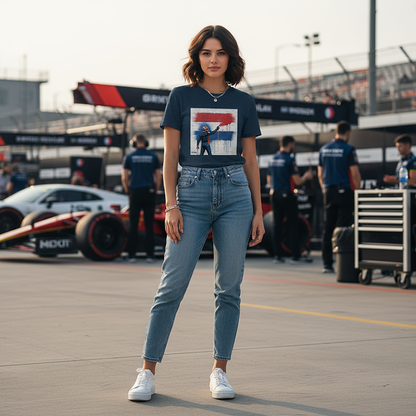 Female model wearing the Heather French Navy organic cotton Max Dutch Flag Graffiti Art F1 T-Shirt featuring Max Verstappen spray painting the Dutch flag on a brick wall, standing with arms relaxed by her sides in a clean motorsport paddock environment, tee clean and design fully visible.