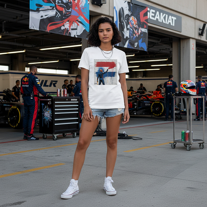 Female model wearing the Heather White organic cotton Max Dutch Flag Graffiti Art F1 T-Shirt featuring Max Verstappen spray painting the Dutch flag on a brick wall, standing with arms relaxed by her sides in a clean motorsport paddock environment, tee clean and design fully visible.