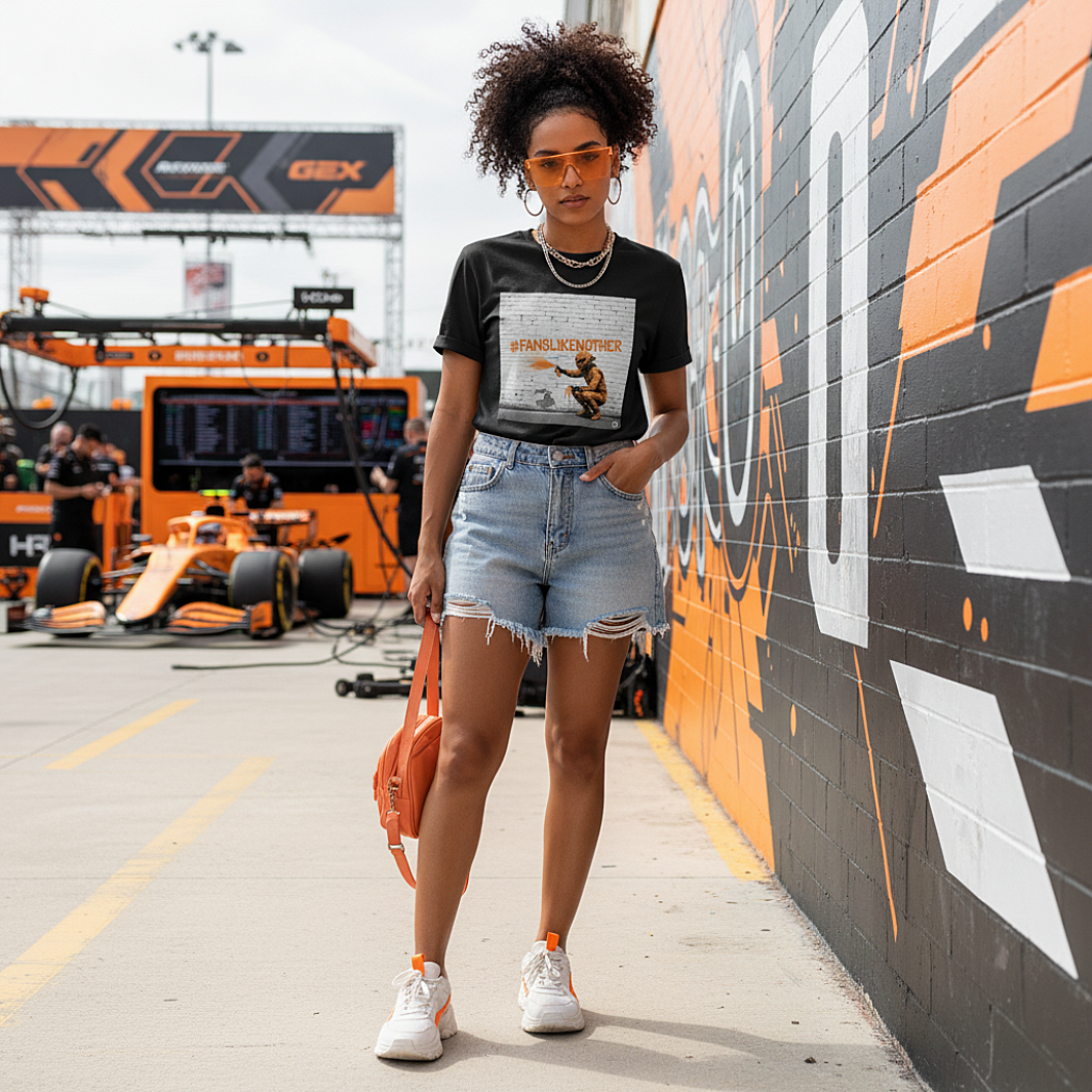 Female model wearing the black organic cotton PAPAYA Fans Like No Other Graffiti Art F1 T-Shirt with #FANSLIKENOOTHER design, standing with arms relaxed by her sides in a full-frame motorsport paddock environment, tee clean and design fully visible.