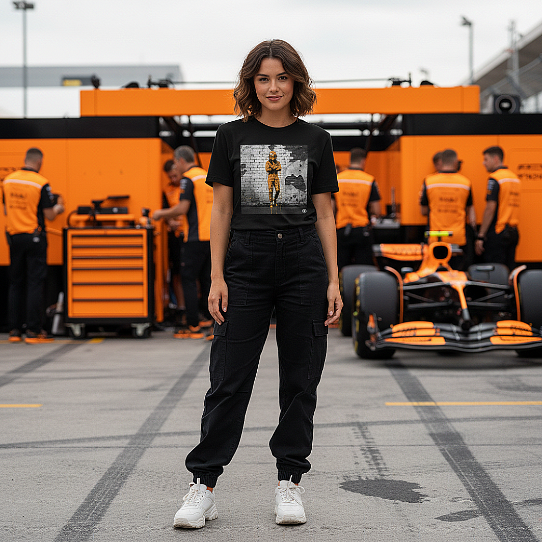Female model wearing the black organic cotton Papaya Driver Mood Graffiti Art F1 T-Shirt featuring a McLaren-inspired driver in vibrant papaya orange graffiti, standing with arms relaxed by her sides in a papaya F1 paddock environment.
