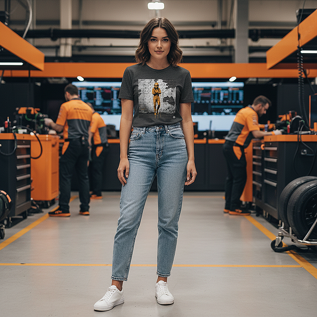 Female model wearing the dark heather grey organic cotton Papaya Driver Mood Graffiti Art F1 T-Shirt featuring a McLaren-inspired driver in vibrant papaya orange graffiti, standing with arms relaxed by her sides in a Papaya F1 paddock environment.