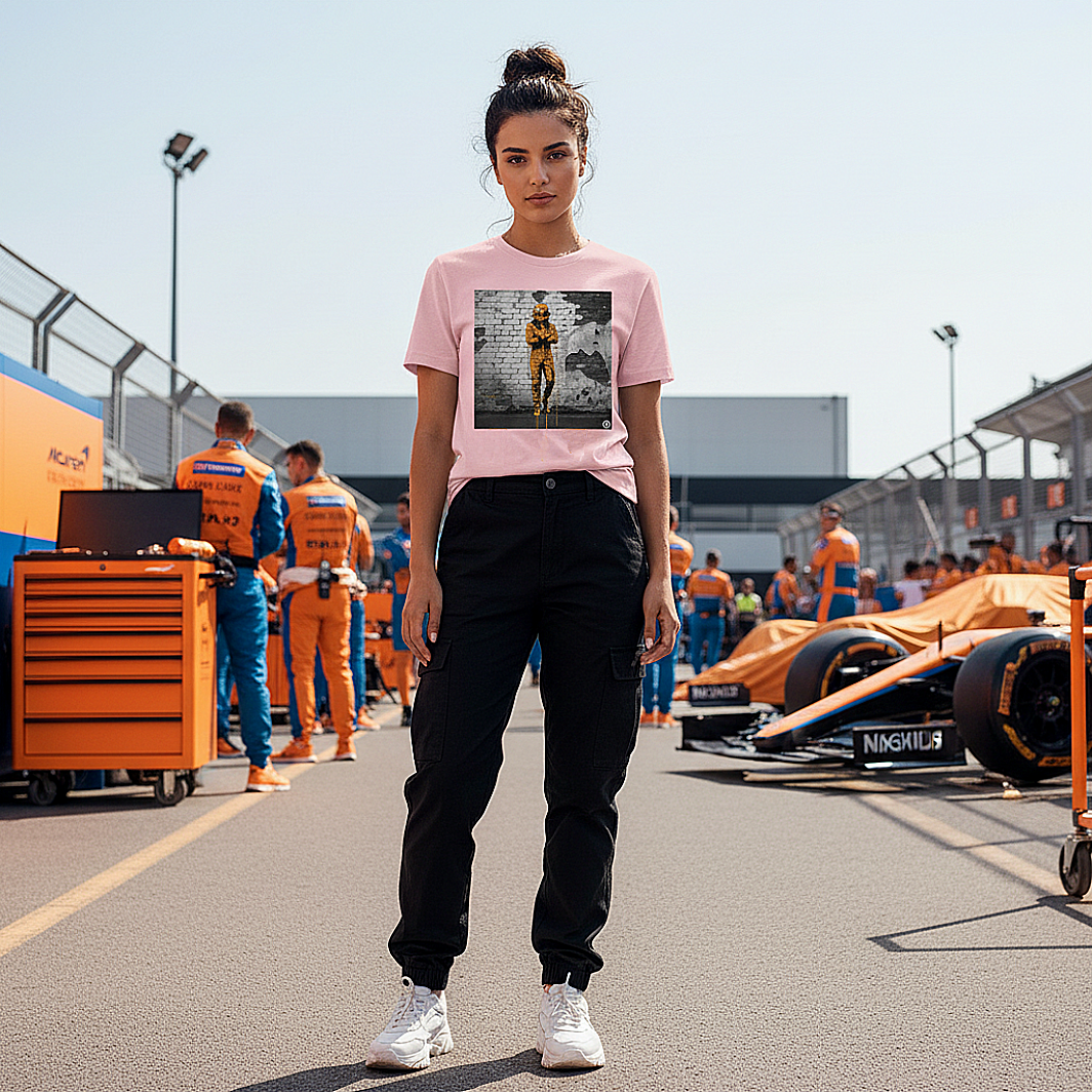 Female model wearing the pink cotton Papaya Driver Mood Graffiti Art F1 T-Shirt featuring a McLaren-inspired driver in vibrant papaya orange graffiti, standing with arms relaxed by her sides in a Papaya F1 paddock environment.