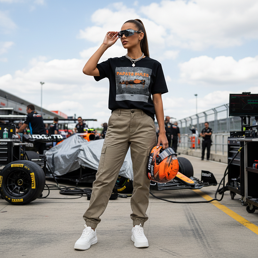 Female model wearing the black organic cotton Papaya Rules 2.0 graffiti art F1 t-shirt without a jacket, styled casually in a motorsport paddock environment with motorsport props.