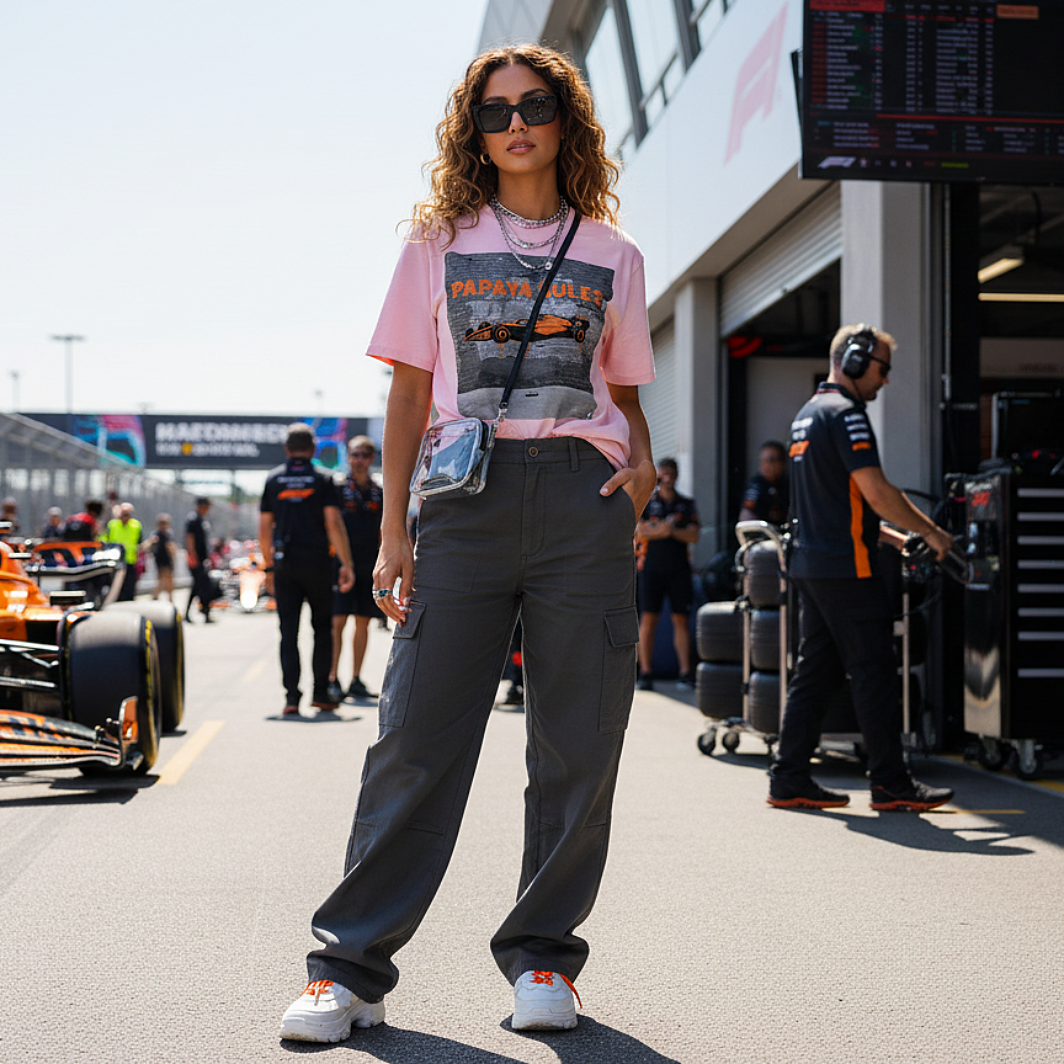 Female model wearing the cotton pink organic cotton Papaya Rules 2.0 graffiti art F1 t-shirt hanging out, styled casually in a motorsport paddock environment with motorsport props.