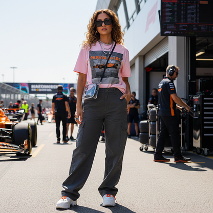 Female model wearing the cotton pink organic cotton Papaya Rules 2.0 graffiti art F1 t-shirt hanging out, styled casually in a motorsport paddock environment with motorsport props.