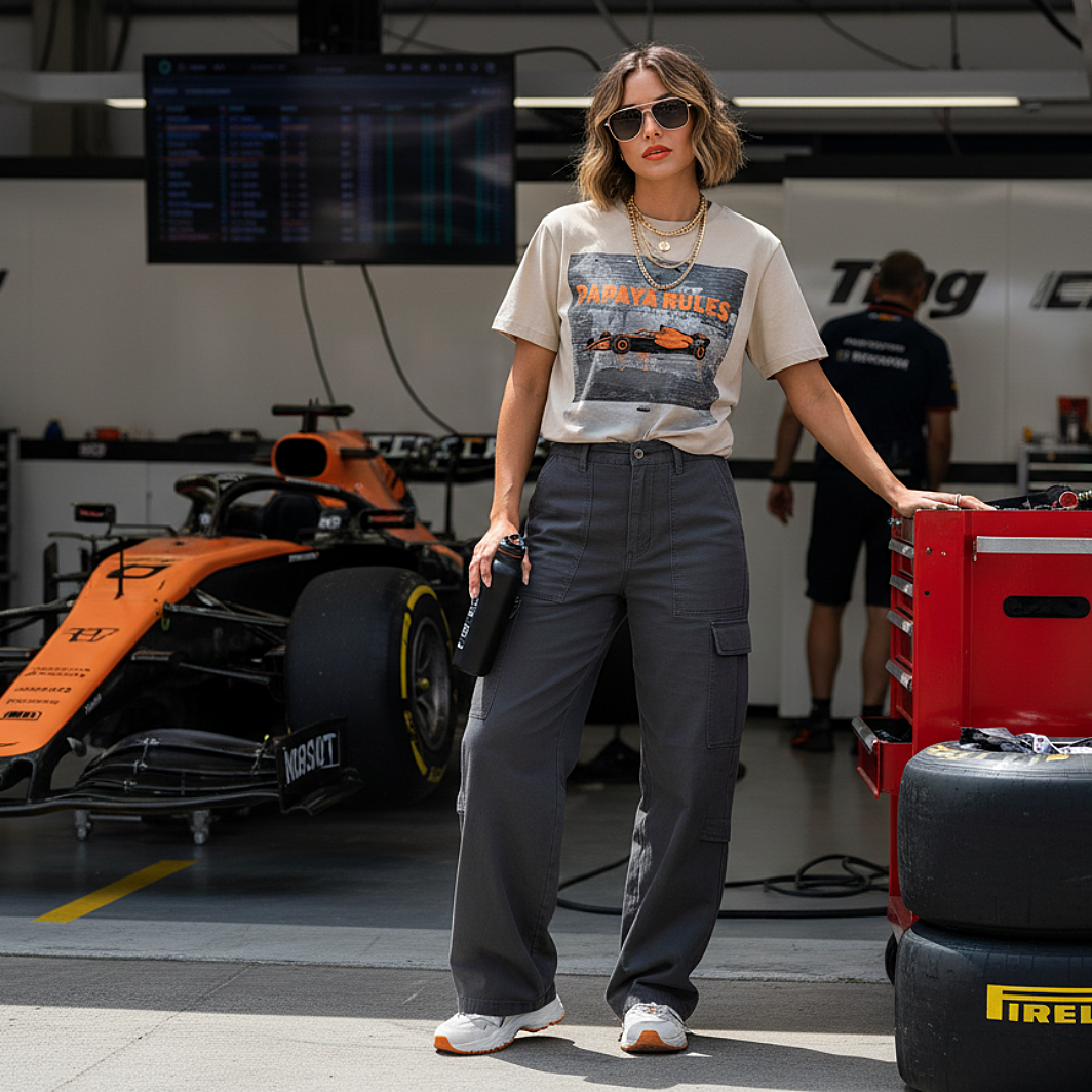 Female model wearing the Desert Dust organic cotton Papaya Rules 2.0 graffiti art F1 t-shirt without a jacket, styled casually in a motorsport paddock environment with motorsport props.