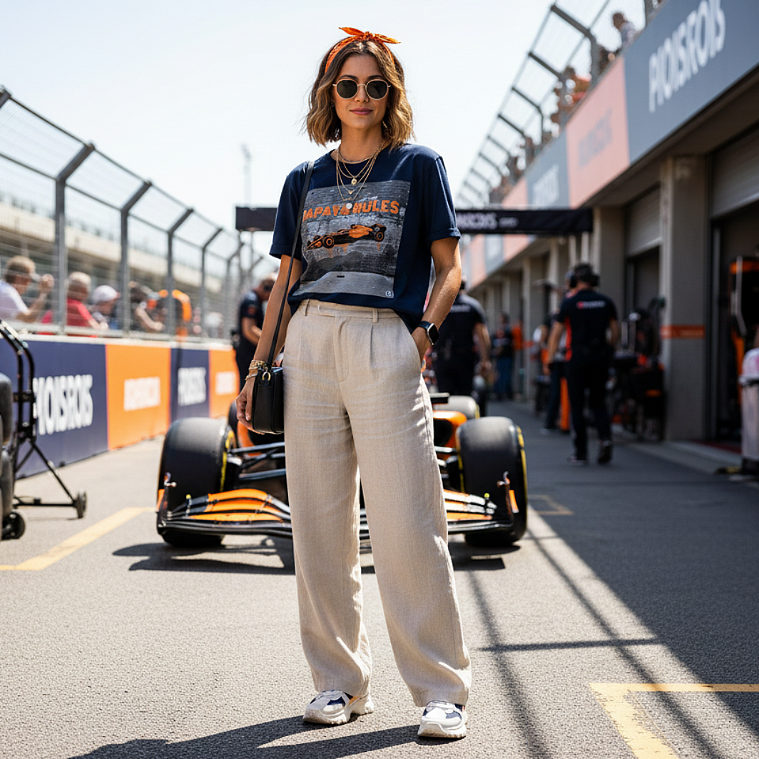 Female model wearing the French Navy organic cotton Papaya Rules 2.0 graffiti art F1 t-shirt without a jacket, styled casually in a motorsport paddock environment with motorsport props.