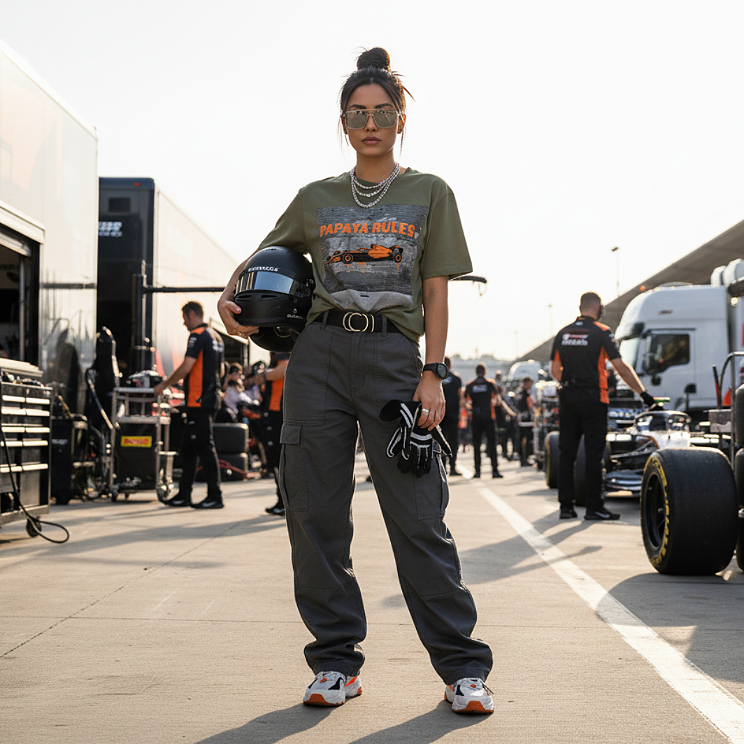 Female model wearing the khaki organic cotton Papaya Rules 2.0 graffiti art F1 t-shirt without a jacket, styled casually in a motorsport paddock environment with motorsport props.