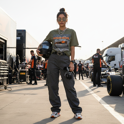 Female model wearing the khaki organic cotton Papaya Rules 2.0 graffiti art F1 t-shirt without a jacket, styled casually in a motorsport paddock environment with motorsport props.