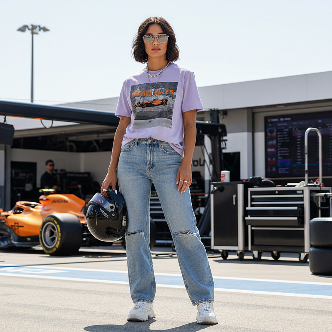 Female model wearing the lavender organic cotton Papaya Rules 2.0 graffiti art F1 t-shirt hanging out, styled casually in a motorsport paddock environment with motorsport props.