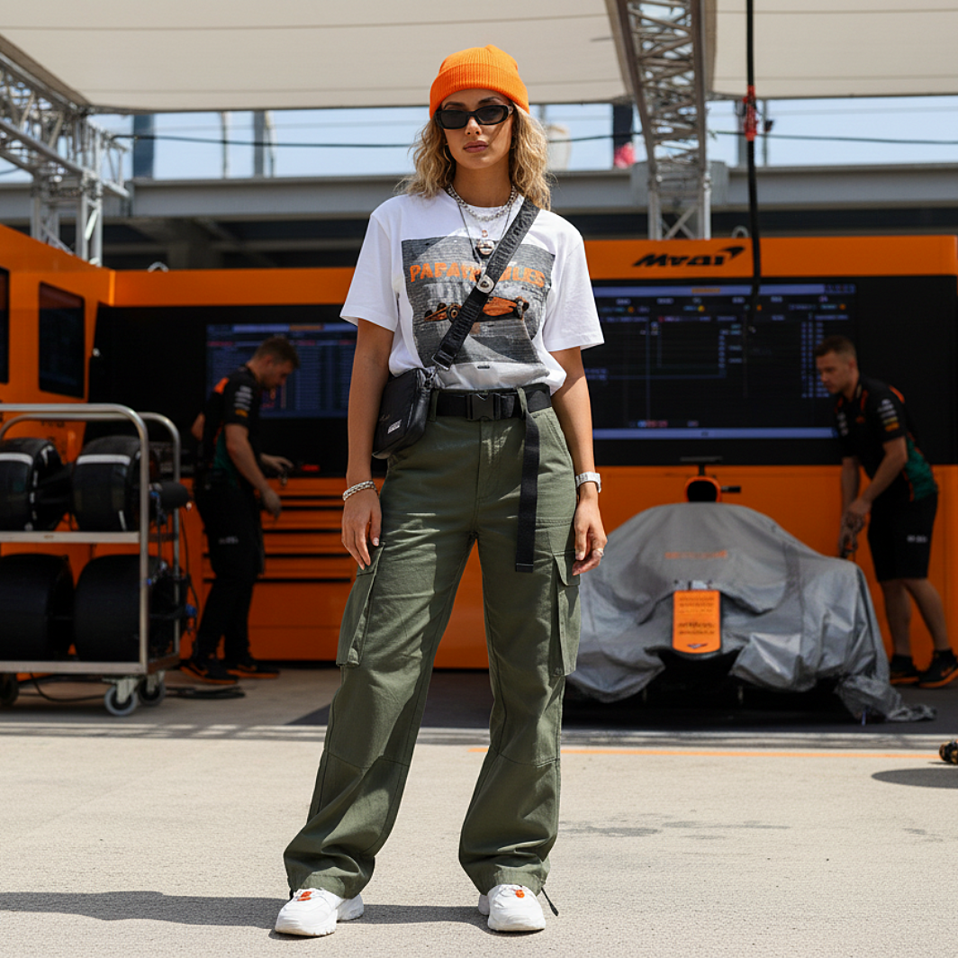 Female model wearing the white organic cotton Papaya Rules 2.0 graffiti art F1 t-shirt without a jacket, styled casually in a motorsport paddock environment with motorsport props.
