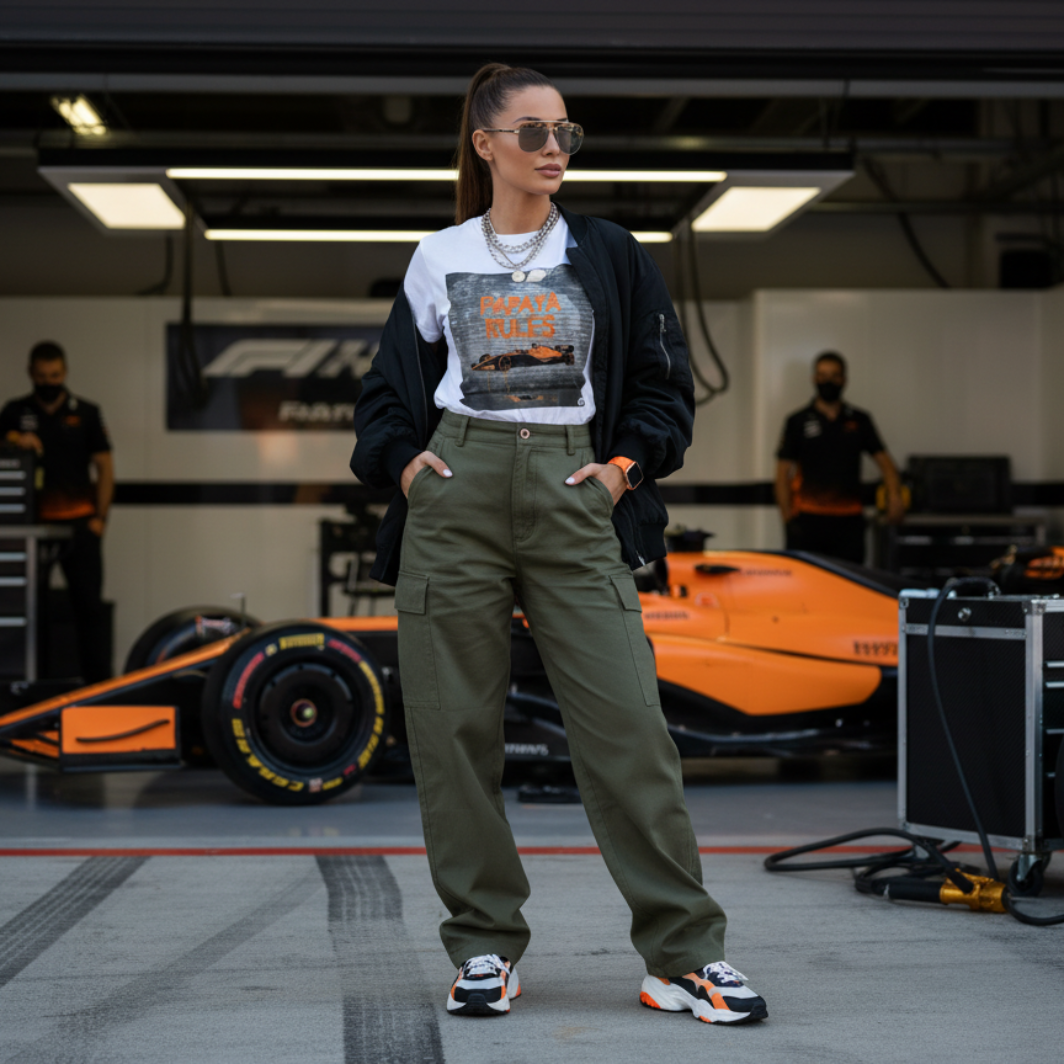 Female model showcasing the white organic cotton Papaya Rules graffiti art t-shirt in a motorsport paddock environment, styled with contemporary fashion and motorsport-themed props.