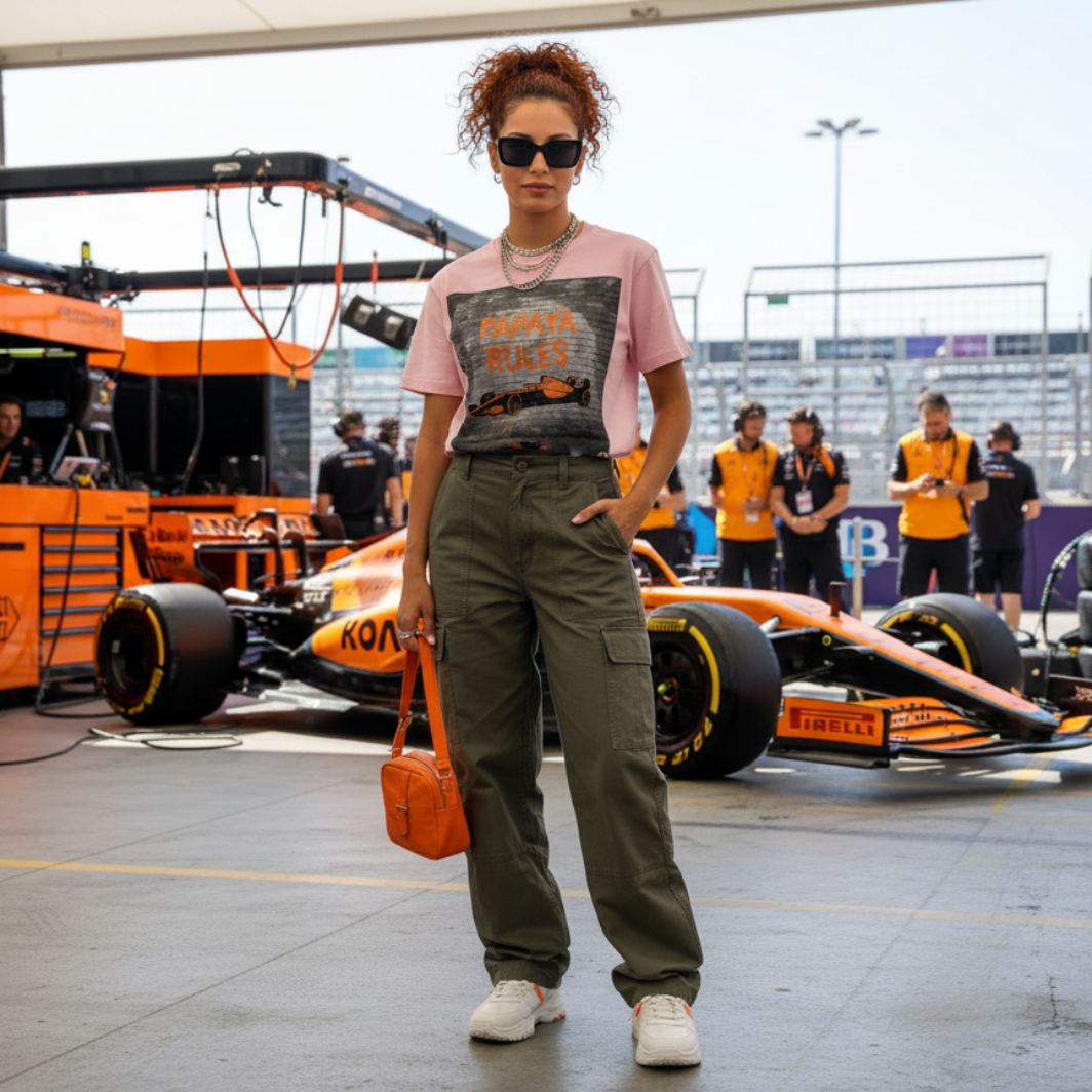 Female model wearing the pink organic cotton Papaya Rules graffiti art t-shirt without a jacket, styled casually in a motorsport paddock environment with motorsport props.