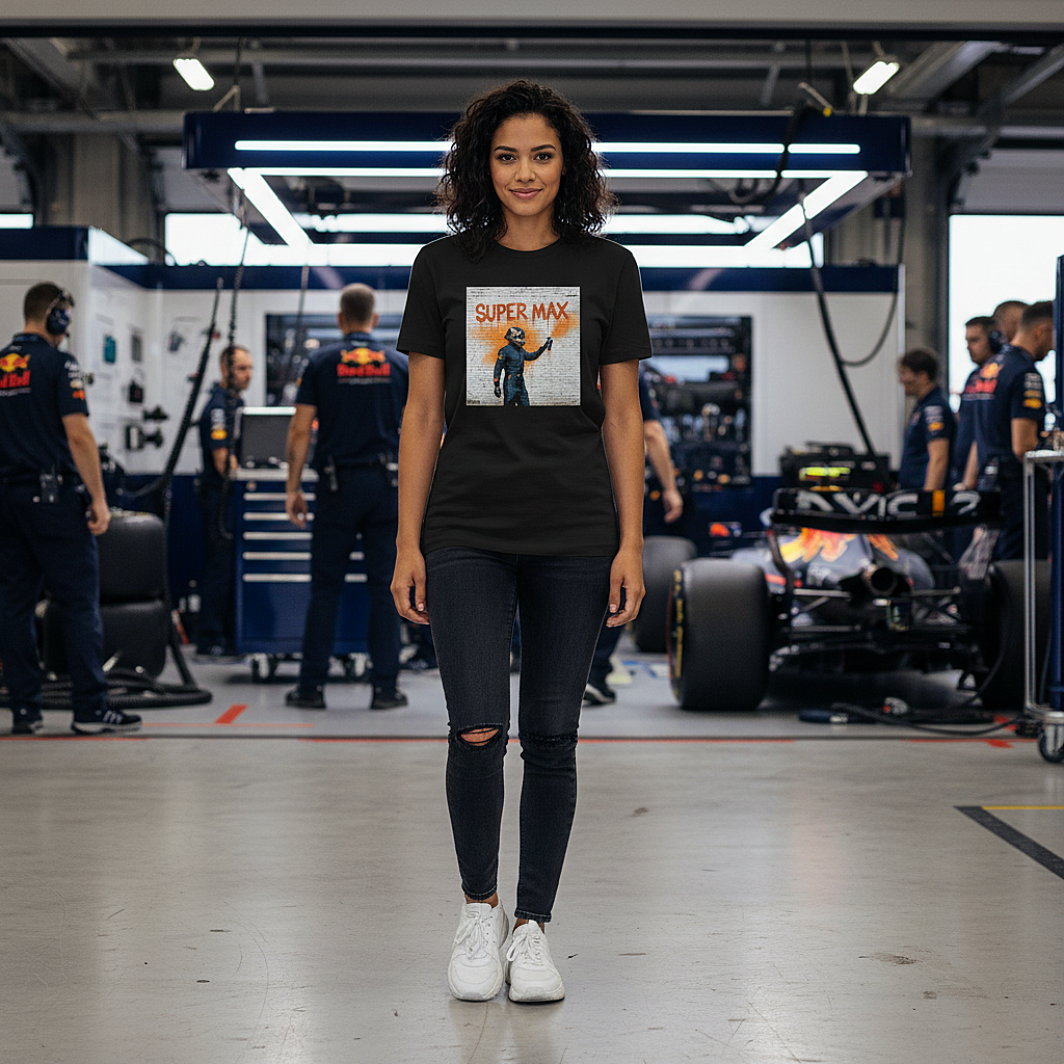 Female model wearing the black organic cotton Super Max Graffiti Art F1 T-Shirt featuring Max Verstappen spray painting “SUPER MAX” in orange on a brick wall, standing with arms relaxed by her sides in a Red Bull F1 paddock environment with cars and team elements but no visible Red Bull logos, tee clean and design fully visible.