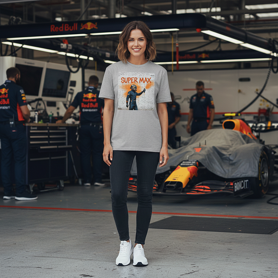 Female model wearing the heather grey organic cotton Super Max Graffiti Art F1 T-Shirt featuring Max Verstappen spray painting “SUPER MAX” in orange on a brick wall, standing with arms relaxed by her sides in Red Bull F1 paddock environment with cars and team elements but no visible Red Bull logos, tee clean and design fully visible.