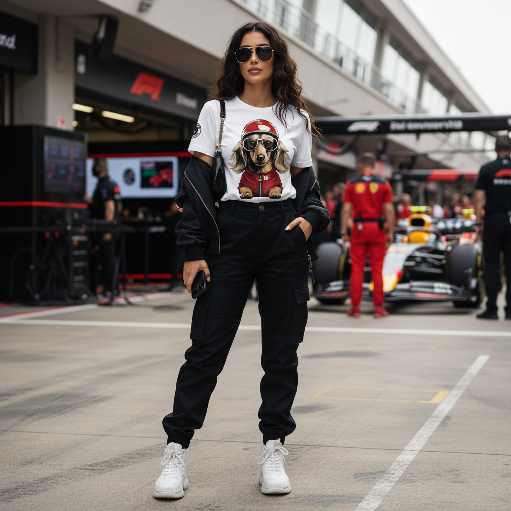 Female model in the paddock sporting the Leo Leclerc T-Shirt, styled with modern motorsport-inspired fashion, sunglasses on but not blocking the shirt, clear view of the dachshund-in-racing-gear design.