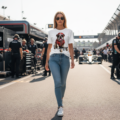 Stylish woman at an F1 paddock in fitted shorts and the Roscoe Hamilton Skateboard T-Shirt, showing the playful bulldog skateboard graphic, perfect for race day fashion inspiration.