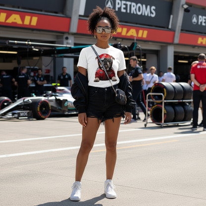 Female model in the paddock sporting the Roscoe Hamilton T-Shirt, styled with modern motorsport-inspired fashion, sunglasses on but not blocking the shirt, clear view of the bulldog-in-racing-gear design.