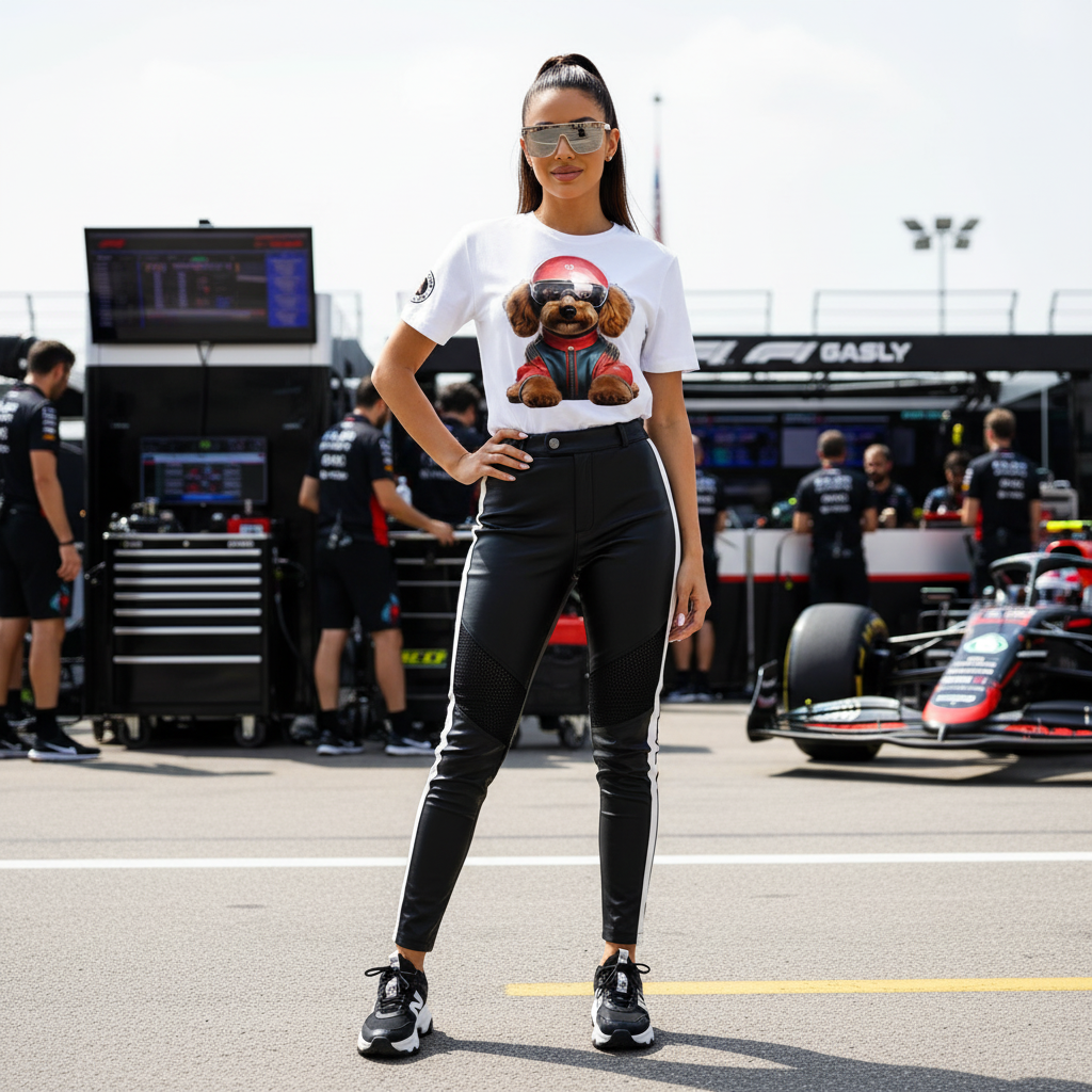 Female model in the F1 paddock, wearing the Simba Gasly T-Shirt with clear view of the poodle-in-racing-gear design.
