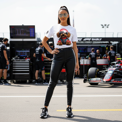 Female model in the F1 paddock, wearing the Simba Gasly T-Shirt with clear view of the poodle-in-racing-gear design.
