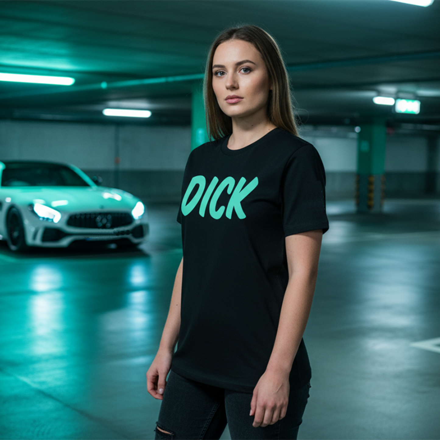 Female model wearing a black car t-shirt with 'DICK' printed in Teal, standing in an underground car park in front of a Mercedes.