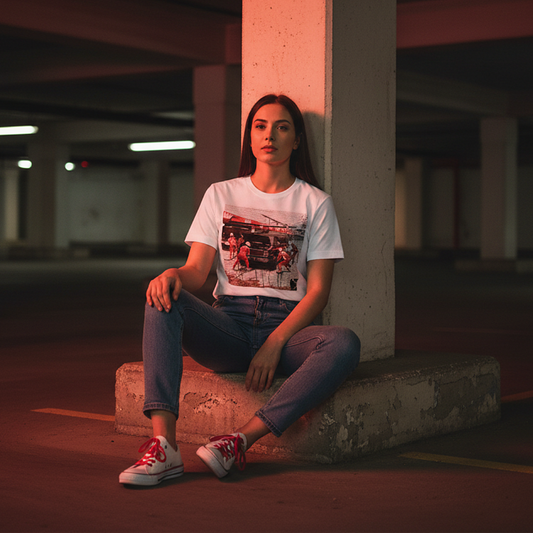 Female model wearing a white motorsport pit stop graphic T-shirt, blue high-waisted jeans and white trainers with red laces, sitting in an underground car park with red lighting.