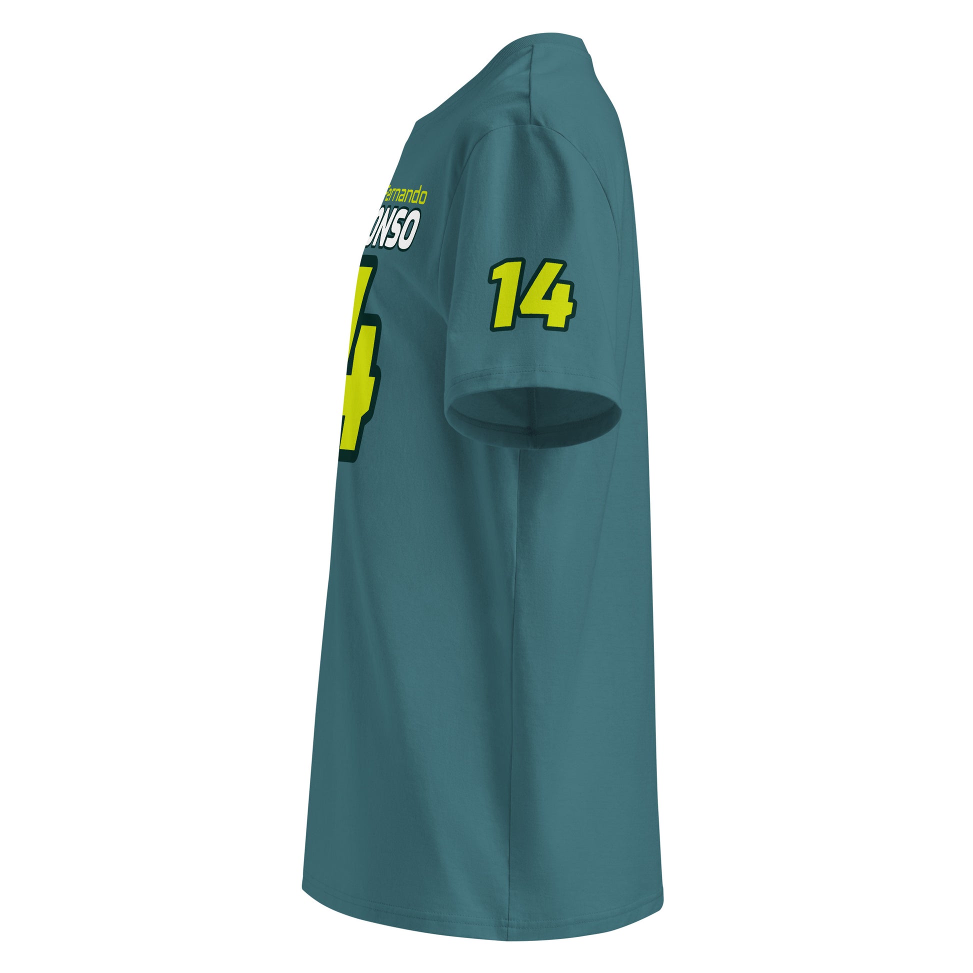 See the left sleeve of the green Fernando Alonso T-Shirt, featuring additional logos or designs. Ideal for car meets and shows.
