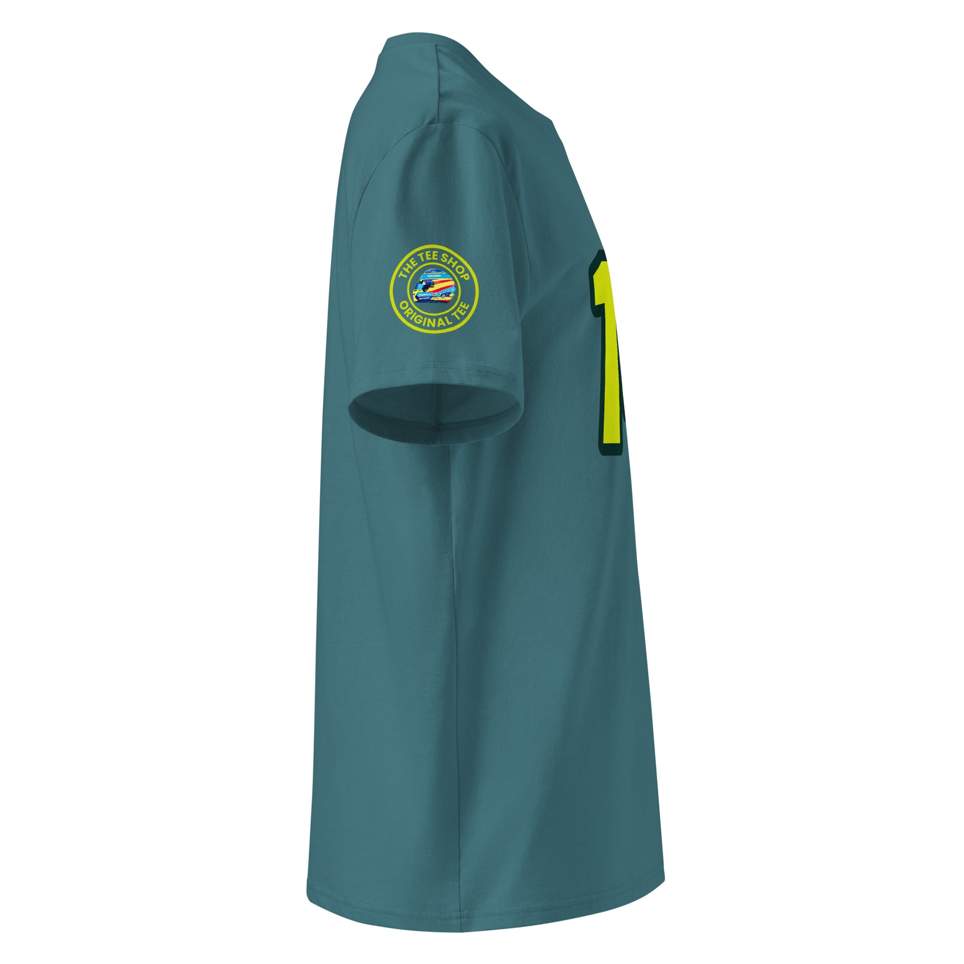Check out the right sleeve of the green Fernando Alonso T-Shirt, showcasing TheTeeShop logo with a unique image correlating to Fernando Alonso.