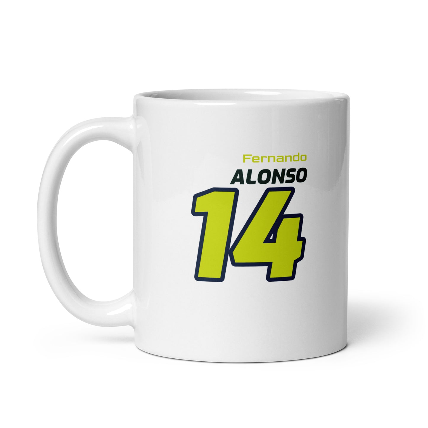 The Fernando Alonso Racing Mug featuring Fernando's name and number "14" in vibrant Aston Martin team colours. Ideal for enjoying a brew while watching the Grand Prix.