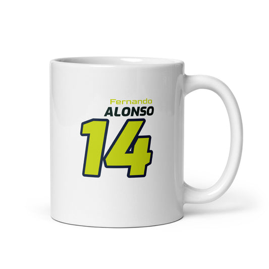 The Fernando Alonso Racing Mug showcasing Fernando's name and number "14" in bold Aston Martin team colours of green, yellow, and blue. Perfect for motorsport fans and collectors.