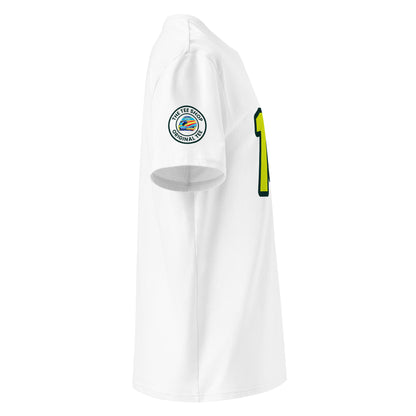 Check out the right sleeve of the white Fernando Alonso T-Shirt, showcasing TheTeeShop logo with a unique image correlating to Fernando Alonso.