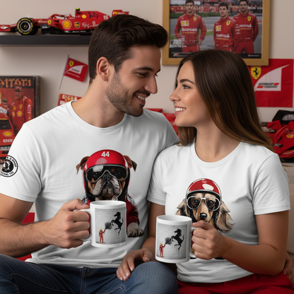 Couple wearing Roscoe Hamilton and Leo Leclerc t-shirts, both holding the Prancing Horse Graffiti Mug in a cosy F1-themed living room.