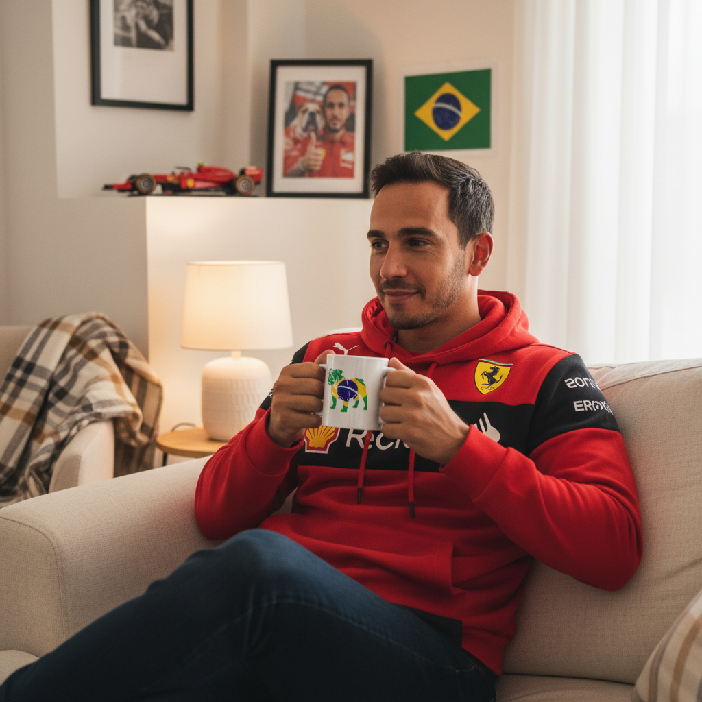 A male Lewis Hamilton fan in Ferrari gear enjoys his Forever Roscoe Brazilian Flag Mug, surrounded by subtle racing and Roscoe memorabilia.