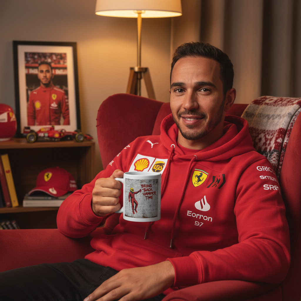 A male Lewis Hamilton and Ferrari fan in Ferrari gear, relaxing at home and holding the Scuderia Series: Bring Back Hammer Time Graffiti Mug featuring a racing driver and graffiti text.
