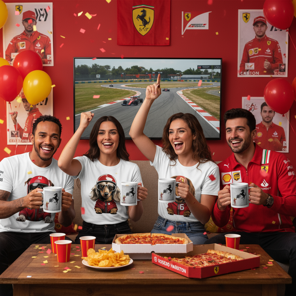 Group of Ferrari, Lewis Hamilton, and Charles Leclerc fans in themed apparel, holding the Prancing Horse Graffiti Mug at a lively race day party.